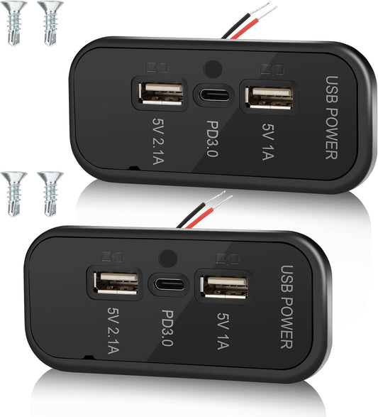 3 Ports 12V RV USB Outlet 45.5W, 2PCS  PD3.0 Type-C Quick Charge & Dual USB a Port 3.1A Panel Wall Mount, Automotive Car USB Socket Charger Adapter for RV Marine Boat Bus ATV Motorcycle Truck, GB-P3