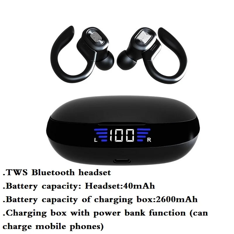 TWS Bluetooth Earphones with Microphones Sport Ear Hook LED Display Wireless Headphones Hifi Stereo Earbuds Waterproof Headsets