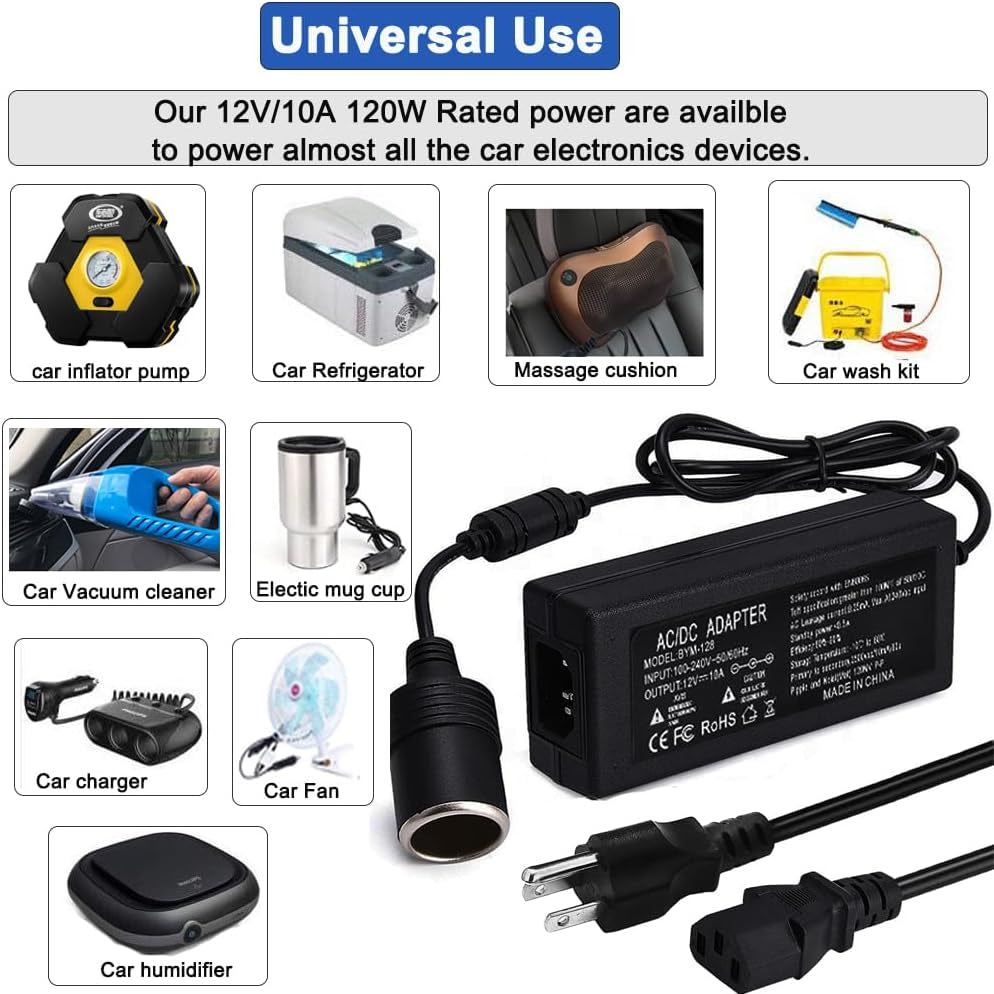 12V 120W 10A AC to DC Converter,Car Cigarette Socket Lighter Adapter Outlet AC 110V-240V to 12V Power Supply for Car Tire Inflator Pump,Rv Refrigerator,Vacuum Cleaner,Car Powered Devices(10A)