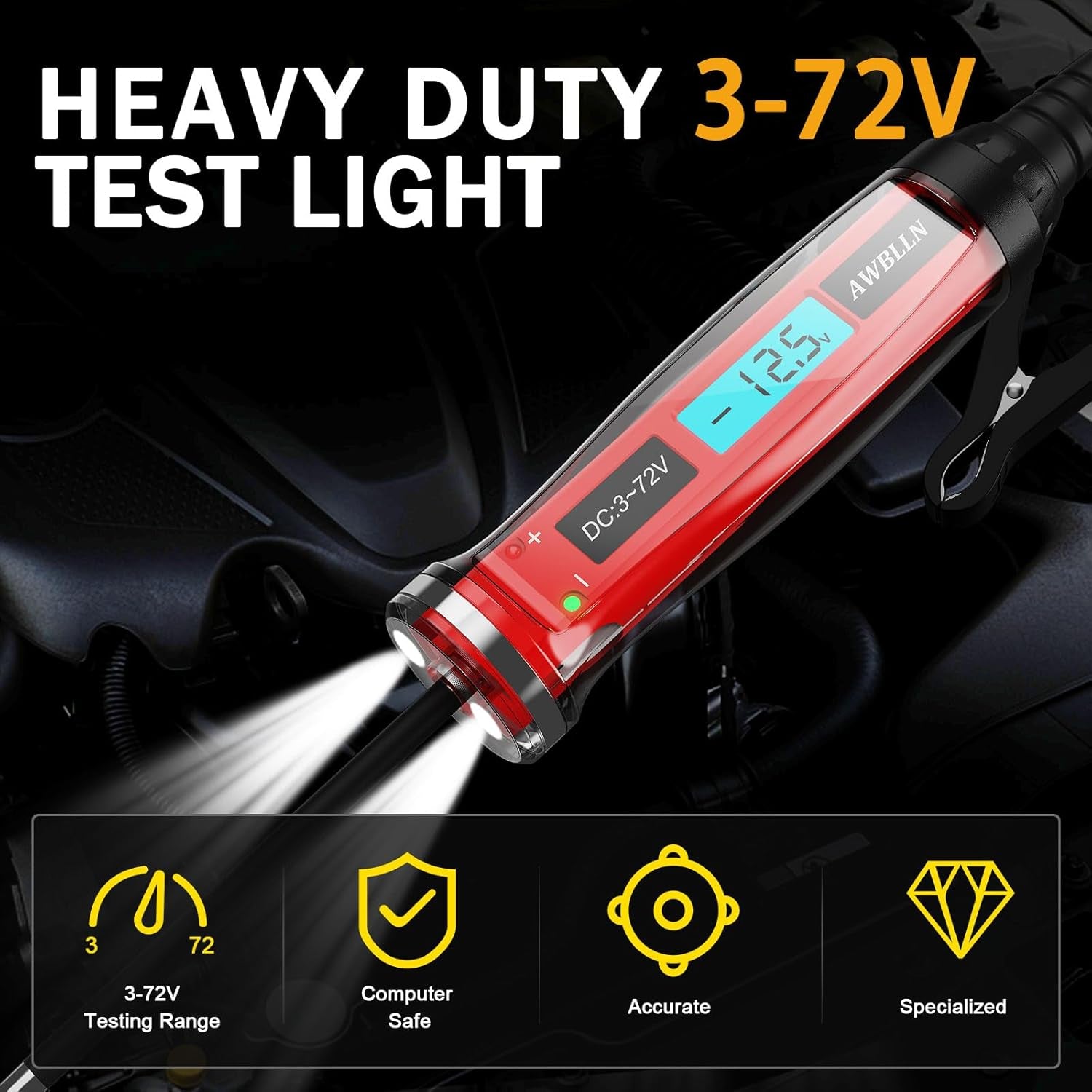 3-72V DC Automotive Circuit Tester, LCD Digital Light Tester with Voltmeter, Heavy Duty Car Electrical Tool