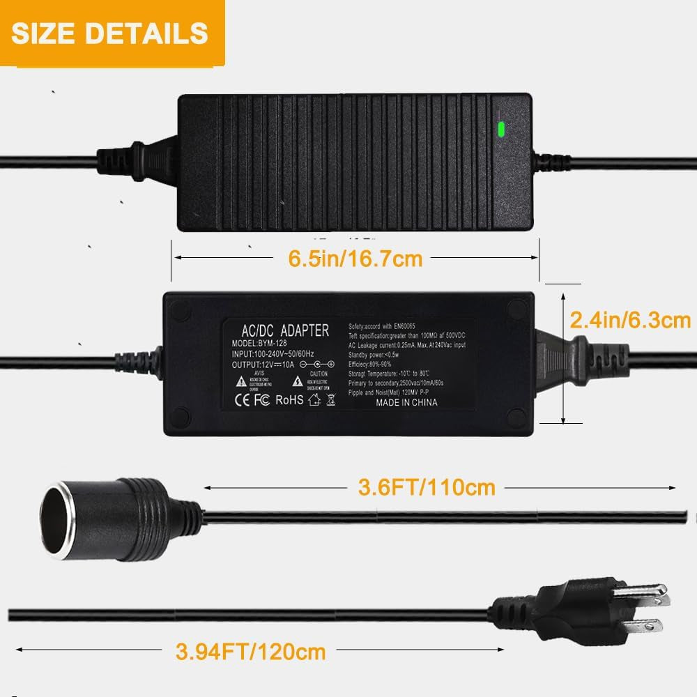 12V 120W 10A AC to DC Converter,Car Cigarette Socket Lighter Adapter Outlet AC 110V-240V to 12V Power Supply for Car Tire Inflator Pump,Rv Refrigerator,Vacuum Cleaner,Car Powered Devices(10A)