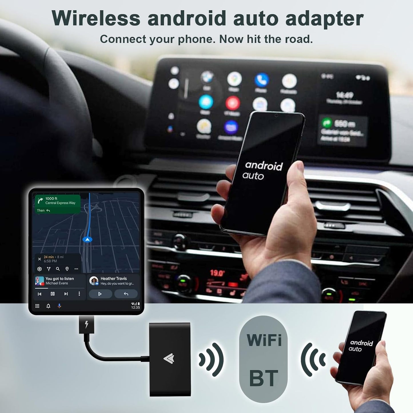 Android Auto Wireless Carplay Adapter for OEM Factory Wired Android Auto Cars Plug & Play Easy Setup Wireless Android Auto Dongle for Android Converts Wired Android Auto to Wireless Black